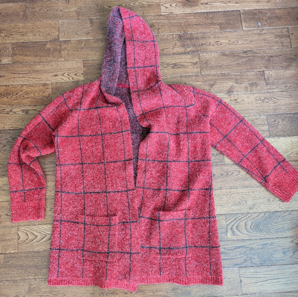 EUC Ladies Cyrus Hooded Cardigan Sweater Car Coat Sz Large Red Black Windowpane